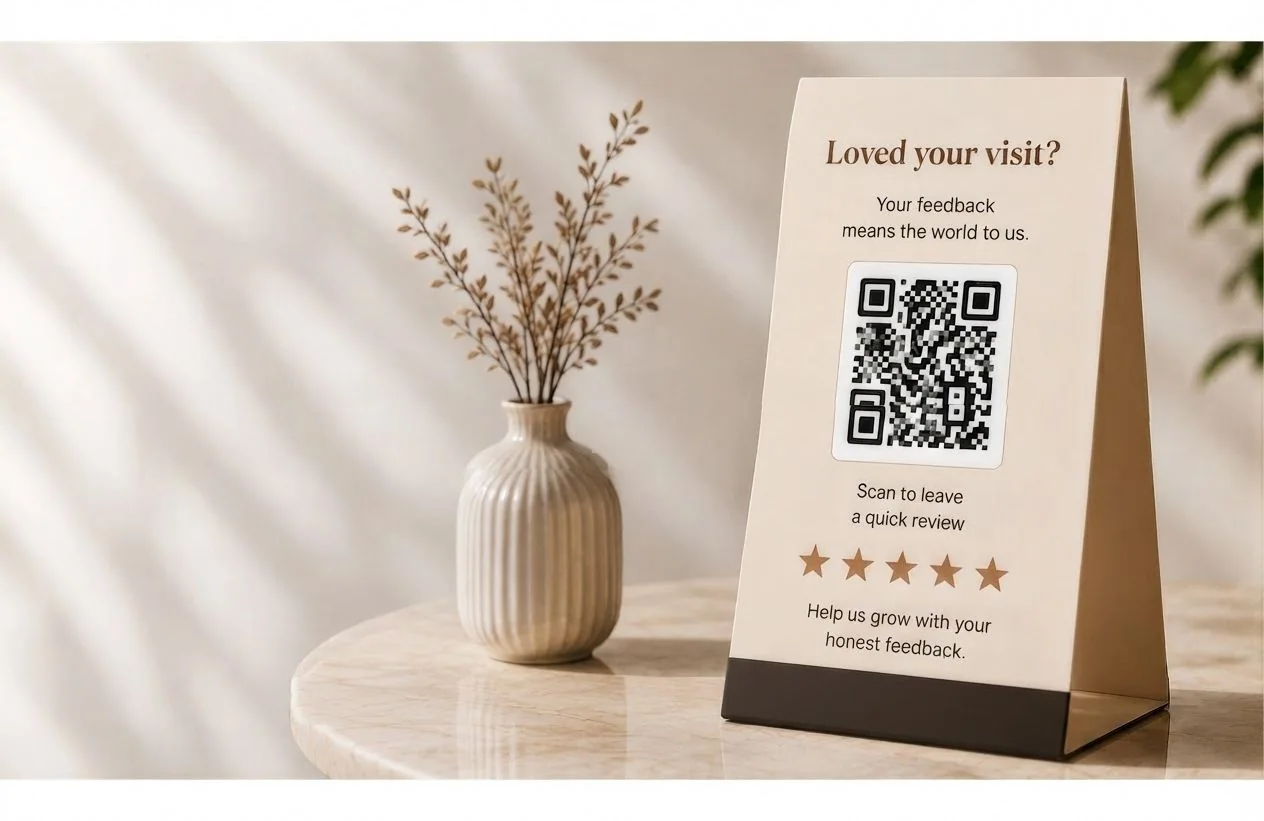 A StarRoute QR feedback standee displayed beside a vase