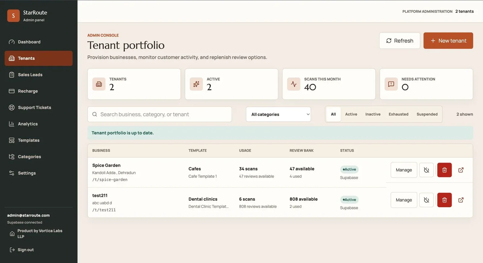 StarRoute tenant portfolio dashboard